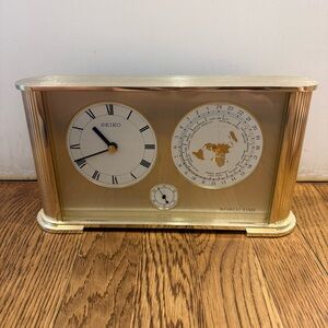 Vintage Seiko World Time Quartz Desk Clock - Gold/Brass Mid-Century Mantelpiece